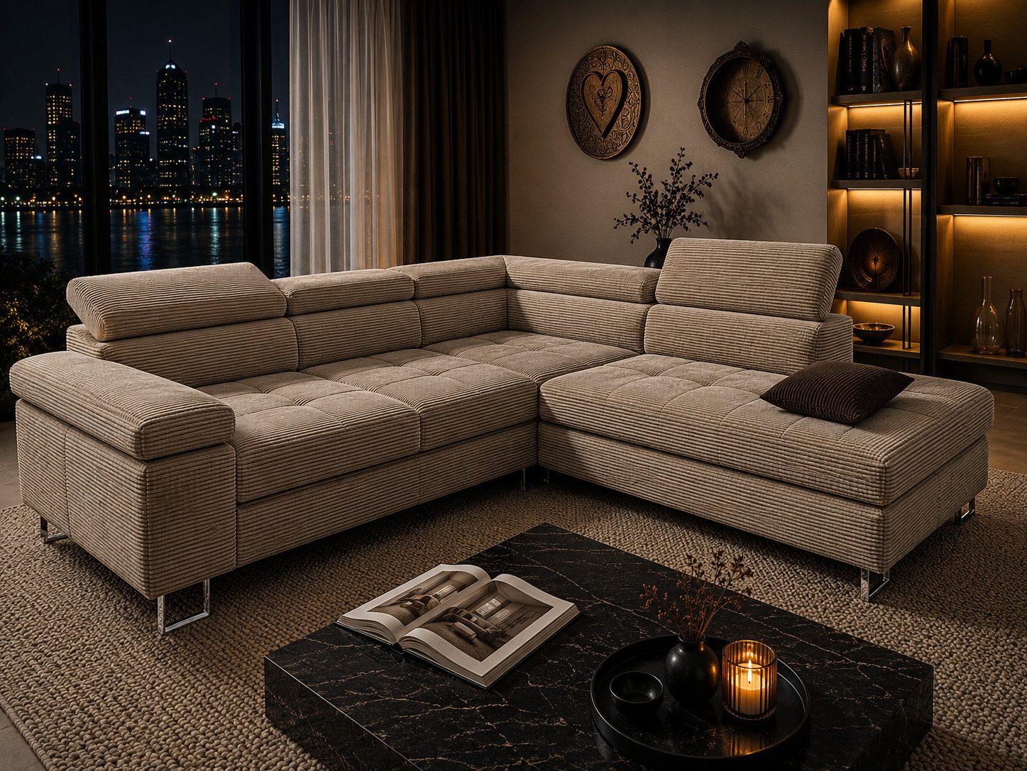 Goldstoff Ecksofa mit Schlaffunktion, Cord Couch für Wohnzimmer - Cord Ecksofa, Cord Sofa VOYAGE 2 Teile, Großer Bettkasten
