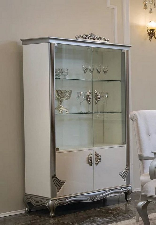 Casa Padrino Vitrine Luxus Barock Vitrine Weiß / Silber 111 x 49 x H. 193 cm  - Edler Massivholz Vitrinenschrank mit 4 Türen - Barock Möbel