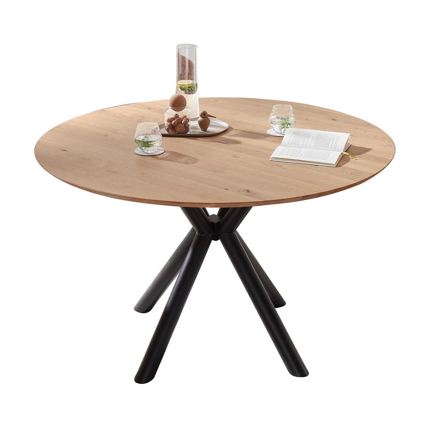 G+K Möbelvertriebs GmbH Esstisch TI-0631, Braun, Schwarz, Wildeiche massiv geölt, Metallgestell, Ausziehbar, Ø 120 x H 75 cm