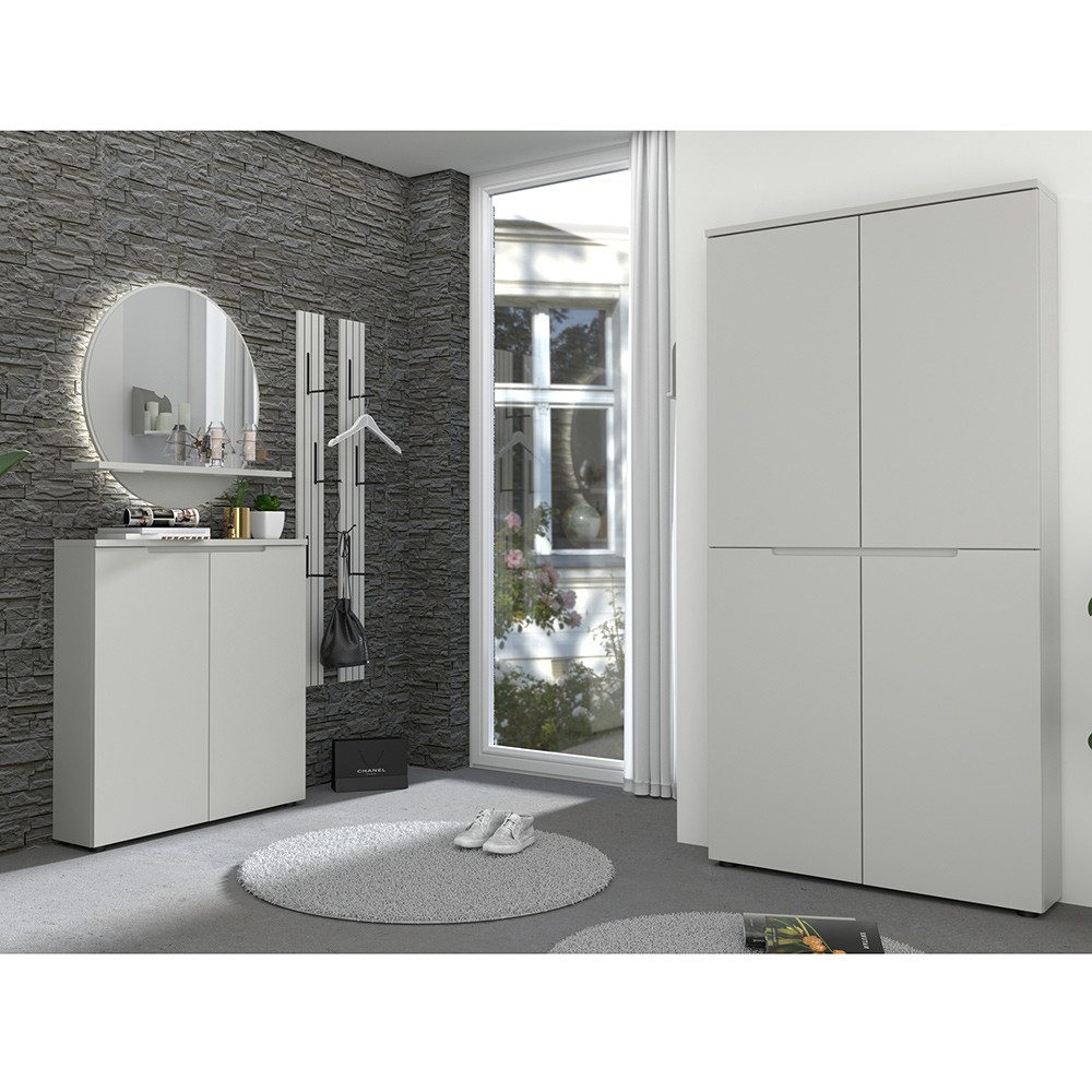 Lomadox Garderoben-Set BREDA-36, (Spar-Set, 5-St., Flurschrank Spiegel Ablage Garderobenpaneele), Grau hell Paneele mit Klapphaken Rillenoptik, inkl. Beleuchtung