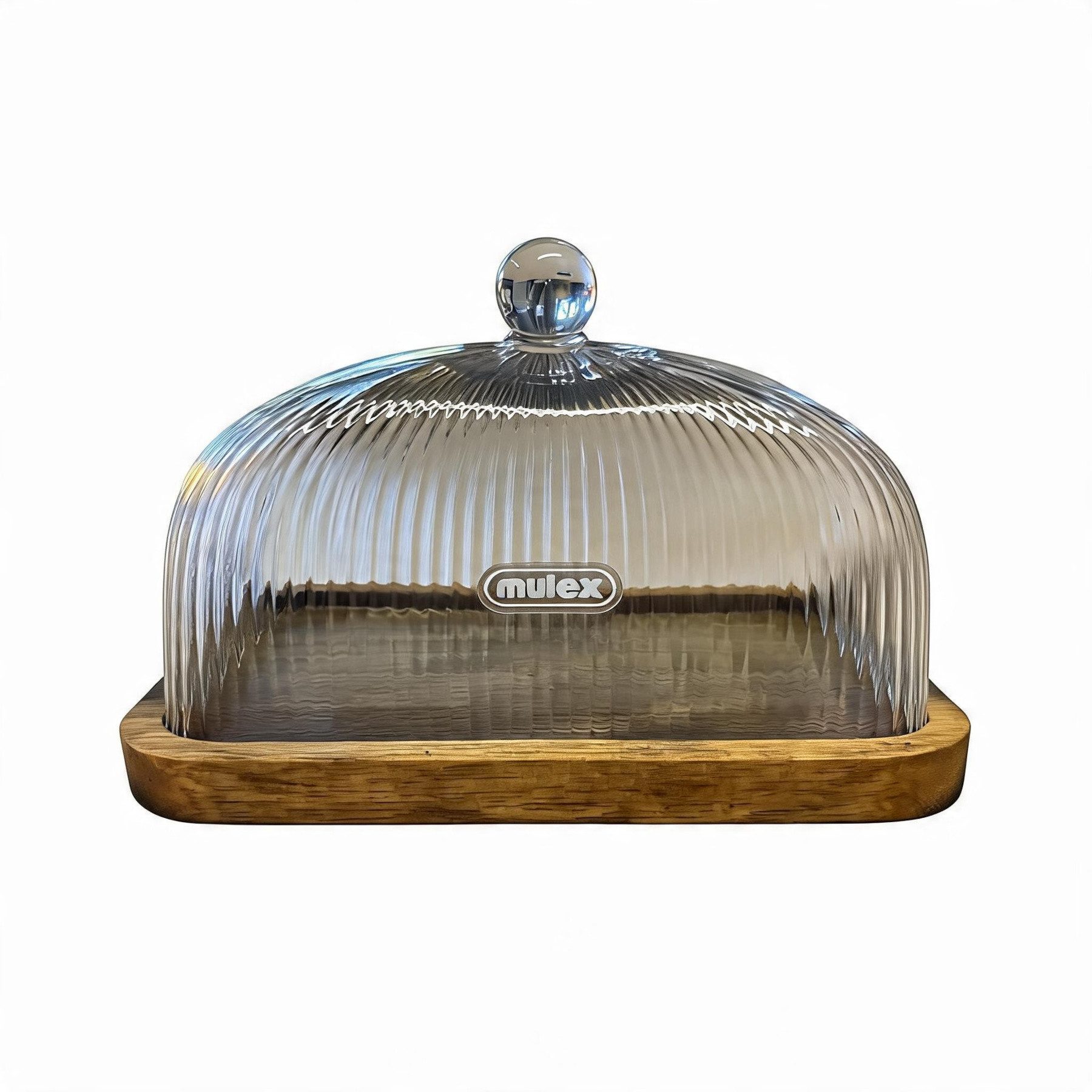 Mulex Butterdose mit Holzbrettchen, Holz und Glas, (geeignet für ein handelsübliches 250-g-Päckchen Butter, 2-tlg., Holzbrettchen, geriffelte Glashaube), nachhaltig & BPA-frei