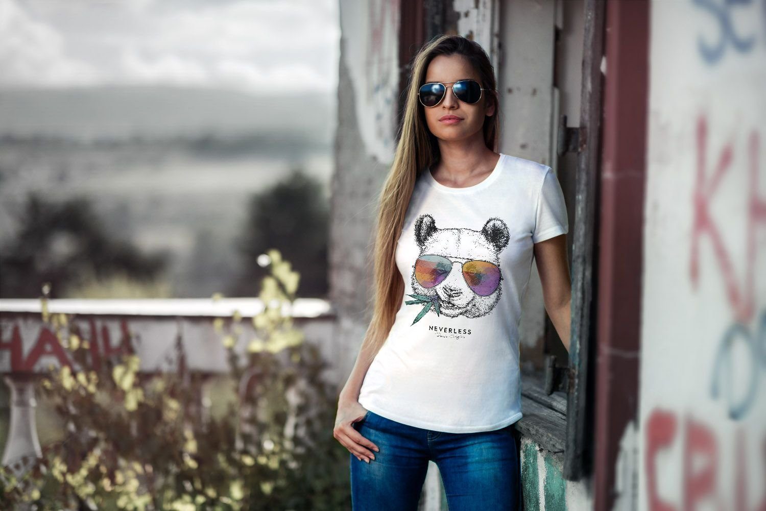 Neverless Print-Shirt Damen T-Shirt Panda Bär Aufdruck Tiermotiv mit Sonnenbrille Fashion Streetstyle Slim Fit Neverless® mit Print