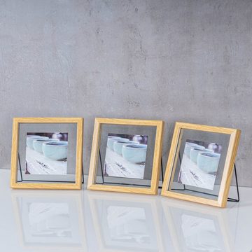 Levandeo® Bilderrahmen, 3er Set Bilderrahmen Aufsteller 10x10 Holz Eiche-Optik Metall Glas Fotorahmen