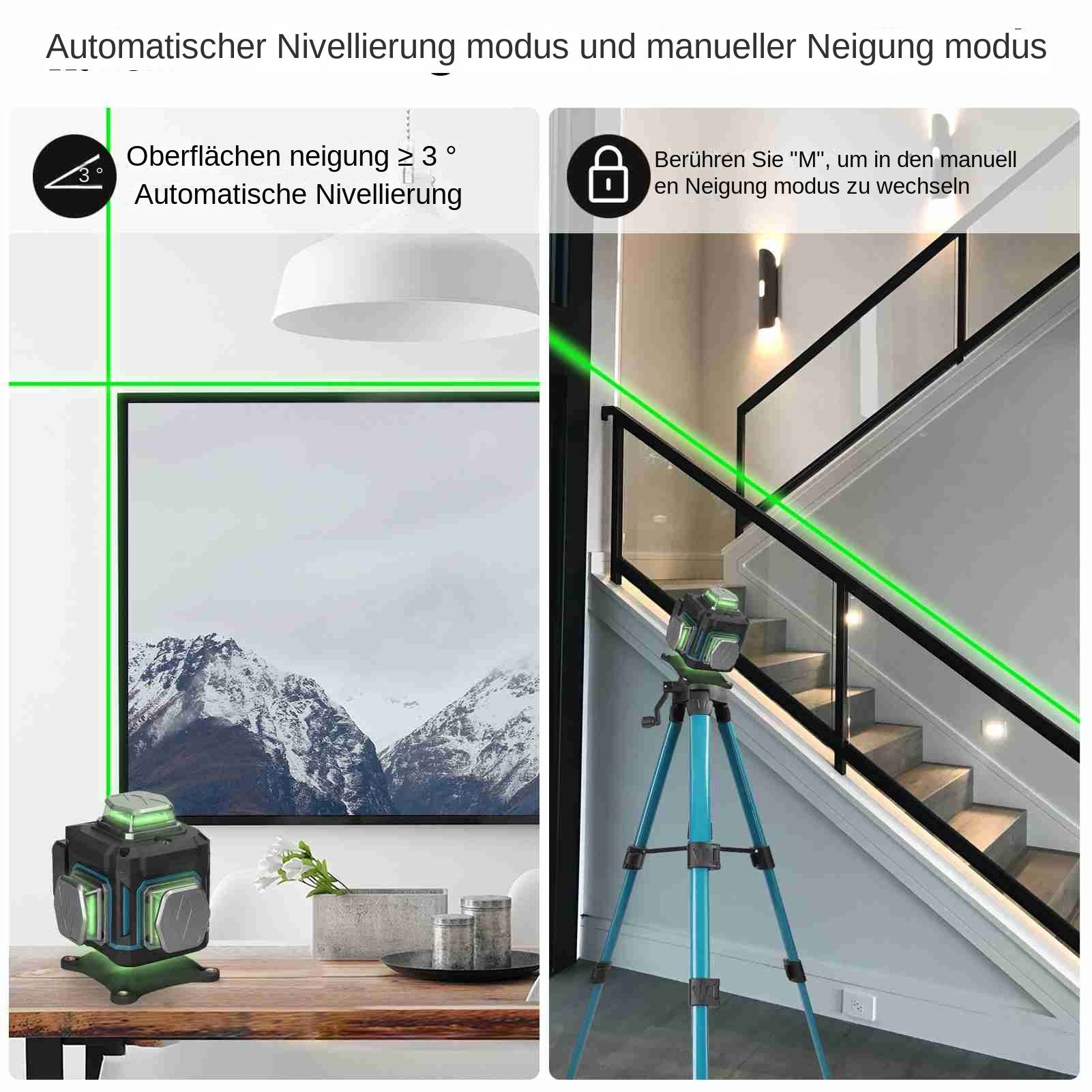 GARRYFIZH Laserwasserwaage 16 Linien Laser Level Grün 360° Selbstnivellierend Set mit Stativ, Touchdisplay Steuerung, Neigungsmodus Funktion, Aluminiumkonstruktion
