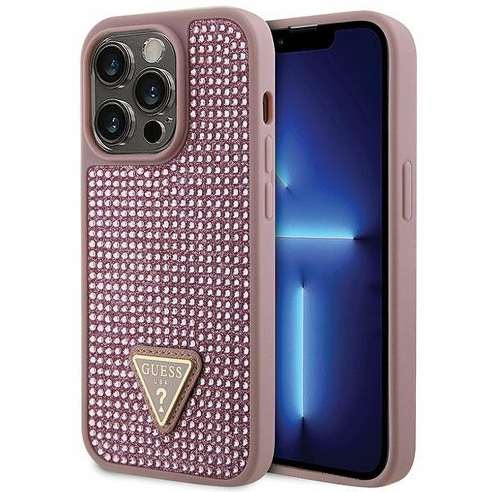 Guess Handyhülle Schutzhülle Glitzerhülle Rückschale 6,1 Zoll, Strass-Besatz, Dreieck-Logo, Hartschale, Kantenschutz