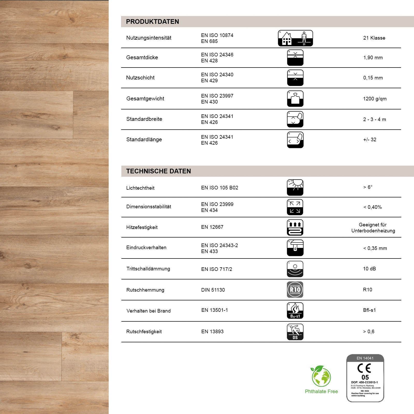 Karat Vinylboden CV-Belag Atlantic Silk Oak 973M, Nutzbar mit Fußbodenheizung