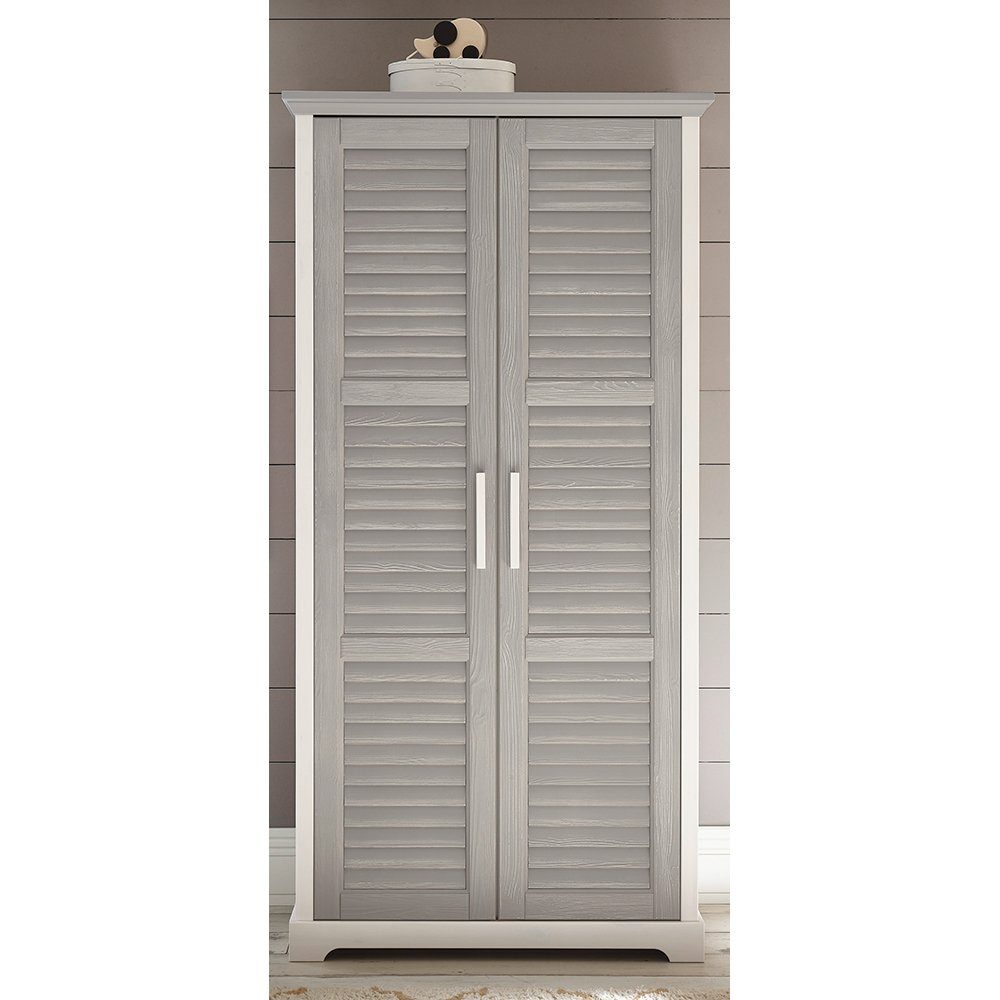 2 Einlegeböden Kleiderschrank Türen, AVON-78 Kiefer 2 grau, Kleiderstangen, weiß massiv, Lomadox
