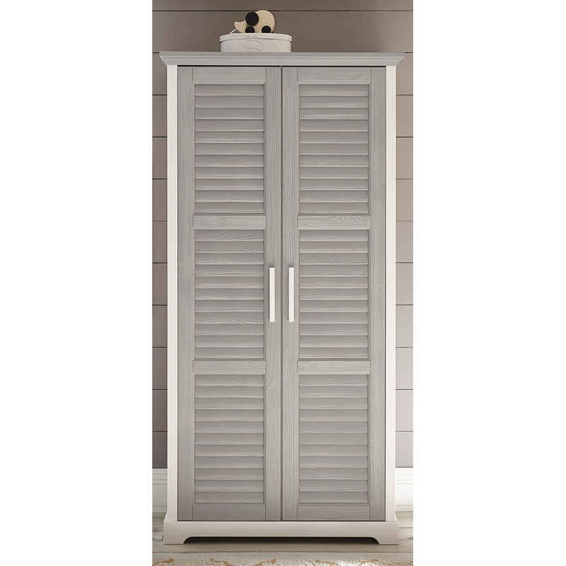 Lomadox Kleiderschrank AVON-78 Kiefer massiv, weiß grau, 2 Türen, 2 Kleiderstangen, Einlegeböden