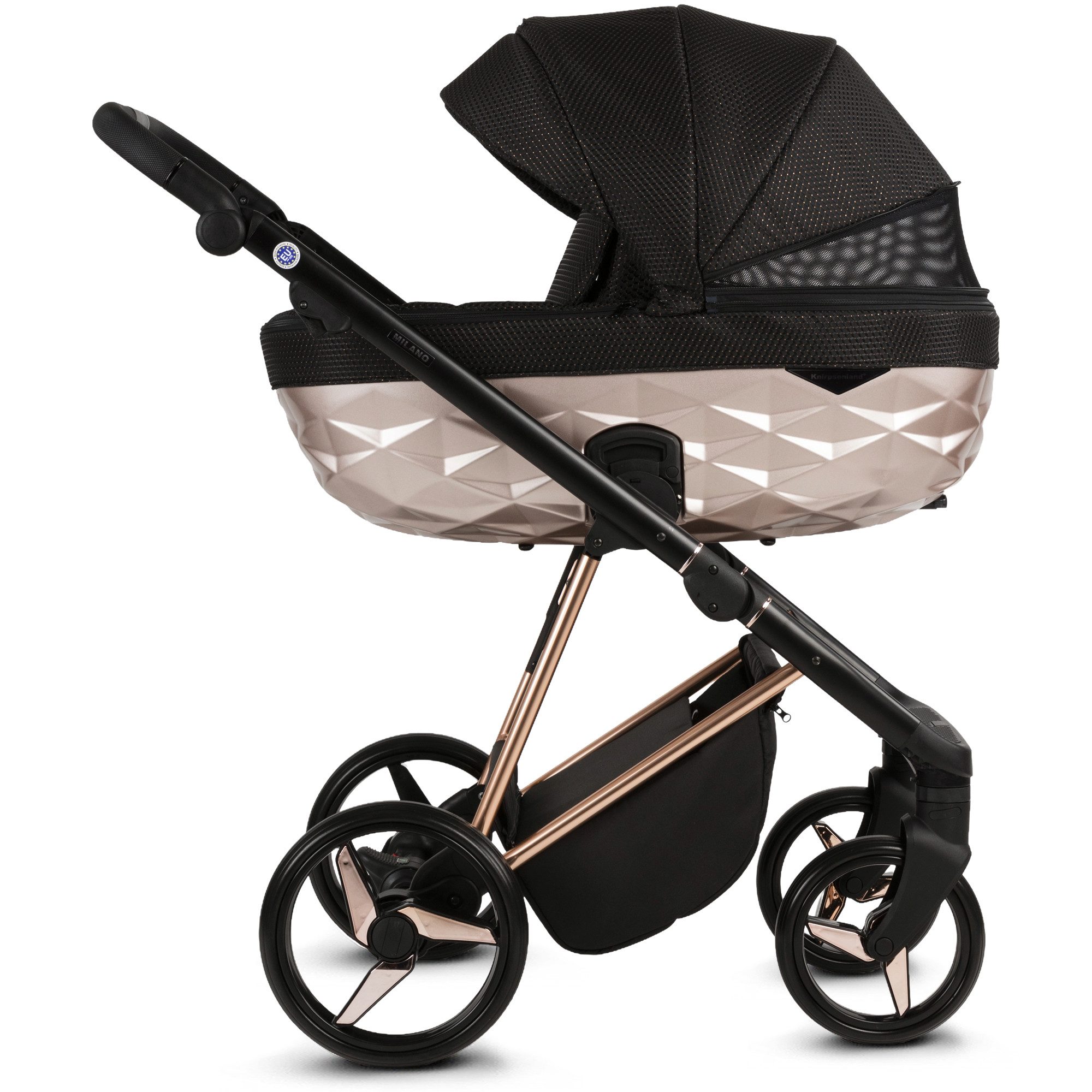 Knirpsenland Kombi-Kinderwagen Milano 2in1 Luxus 3D Wanne, Sportsitz, Wickeltasche, viel Zubehör, (Spar-Set), hohe Sicherheit durch One-Klick System der Kinderwagenaufsätze