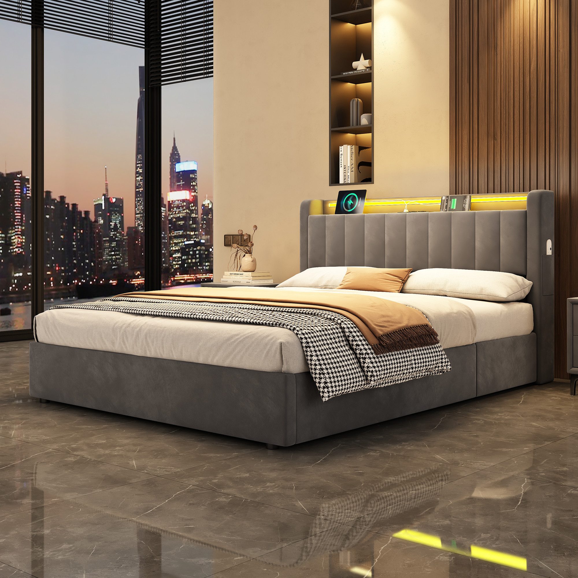 OKWISH Polsterbett mit Hydraulik, LED-Beleuchtung, Steckdosen und USB-Ladeanschlüssen (Funktionsbett, 2-tlg., 140x200 cm, Samt, mit Matratze), Kopfteil mit Einlegeböden und Stauraum