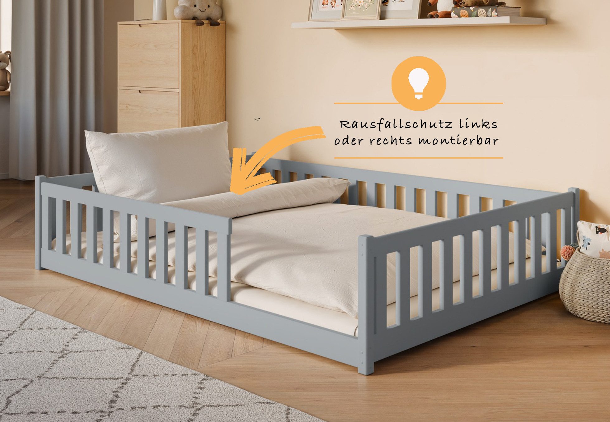 Kids Collective Kinderbett Bodenbett Bett mit Rausfallschutz & Lattenrost Montessori Bett Kinder (weitere Größen 80x160, 80x180, 90x190, 90x200, 120x200 cm), Ju – Bild 4 von 5