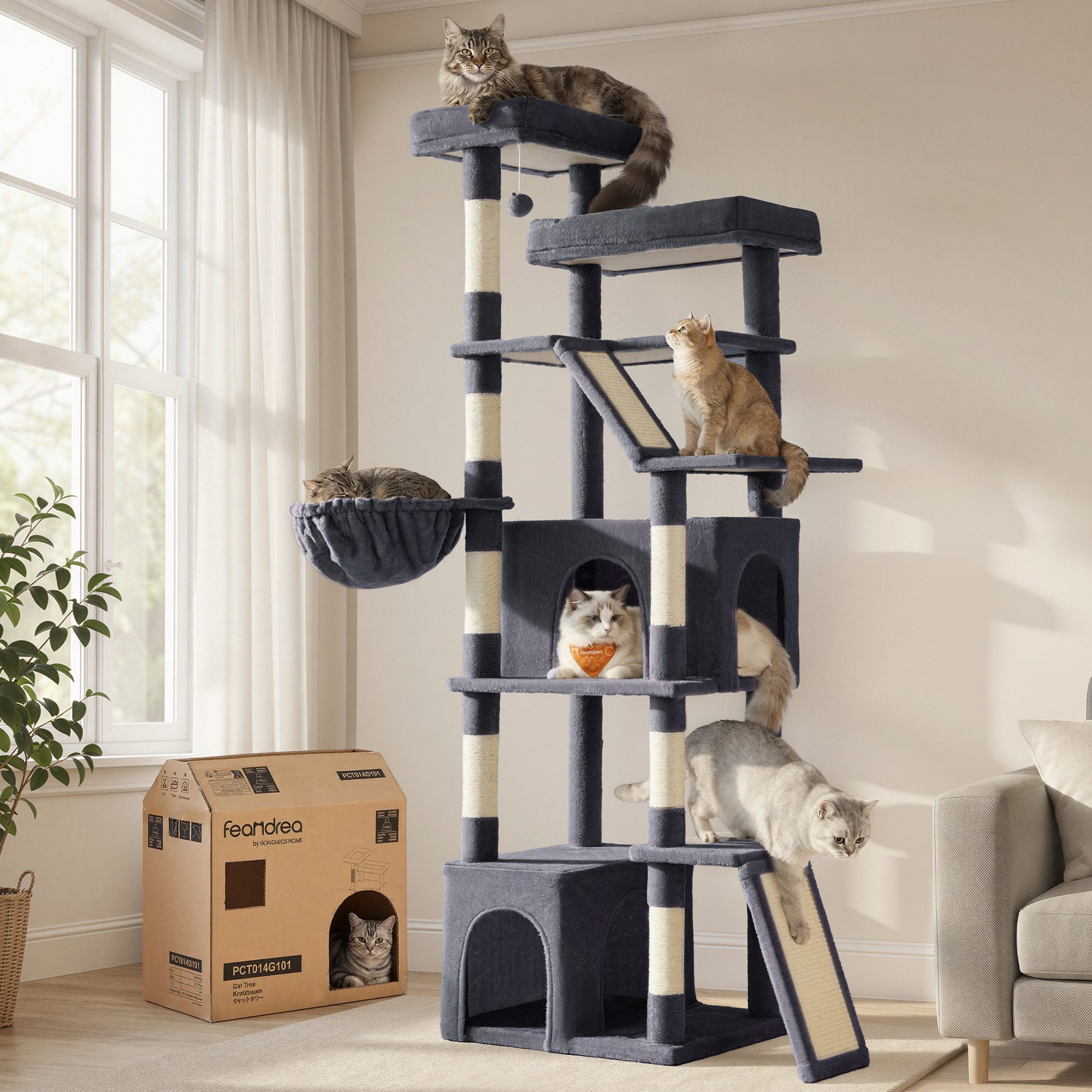 FEANDREA Kratzbaum Großer Katzenbaum mit Sisalstämmen, Mehrstöckiger Kletterbaum, mit Kratzbrett und Sisalstämmen für Große Katzen 55 x 45 x 185 cm