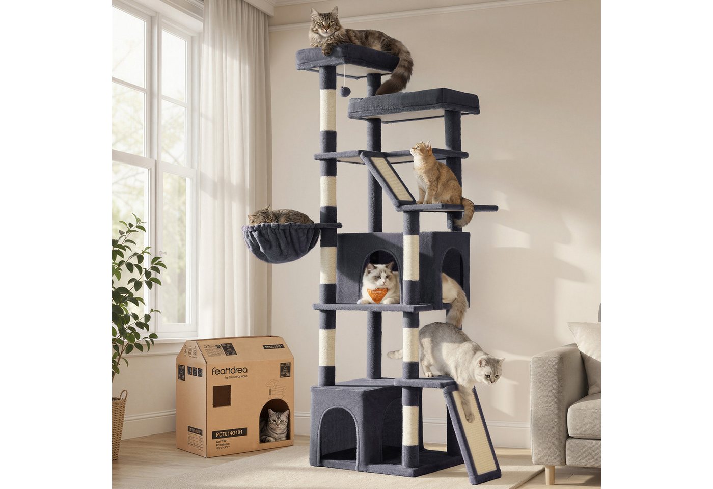 FEANDREA Kratzbaum Großer Katzenbaum mit Sisalstämmen, Mehrstöckiger Kletterbaum, mit Kratzbrett und Sisalstämmen für Große Katzen 55 x 45 x 185 cm