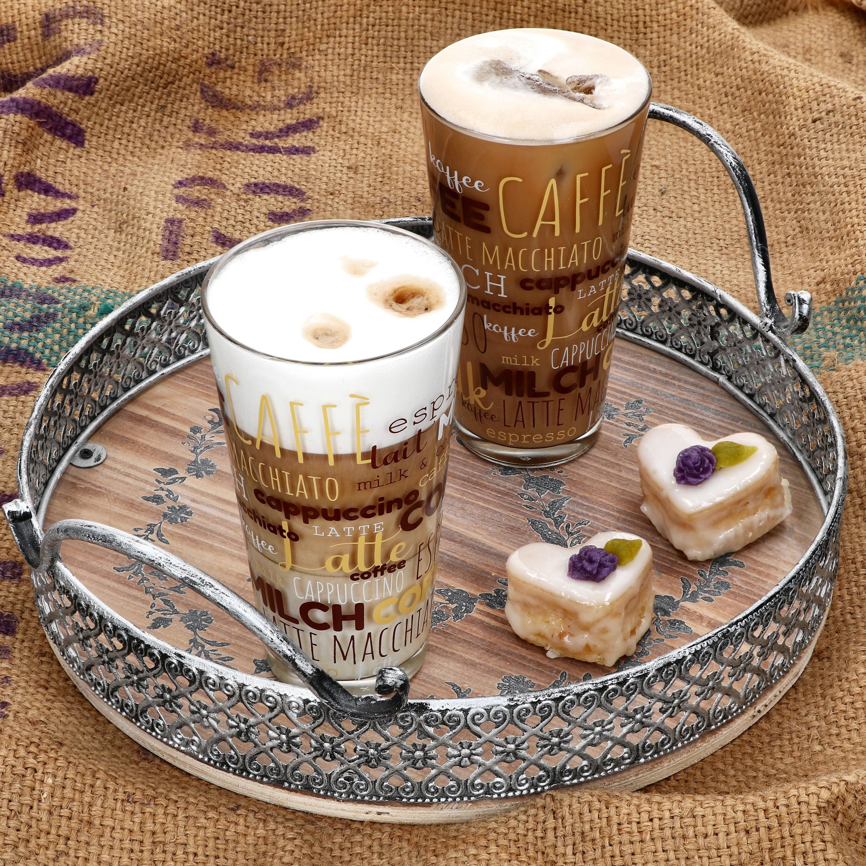 MamboCat Latte-Macchiato-Glas 6x Candy Latte Macchiato Gläser 380ml Schrift-Dekor stapelbar, Glas