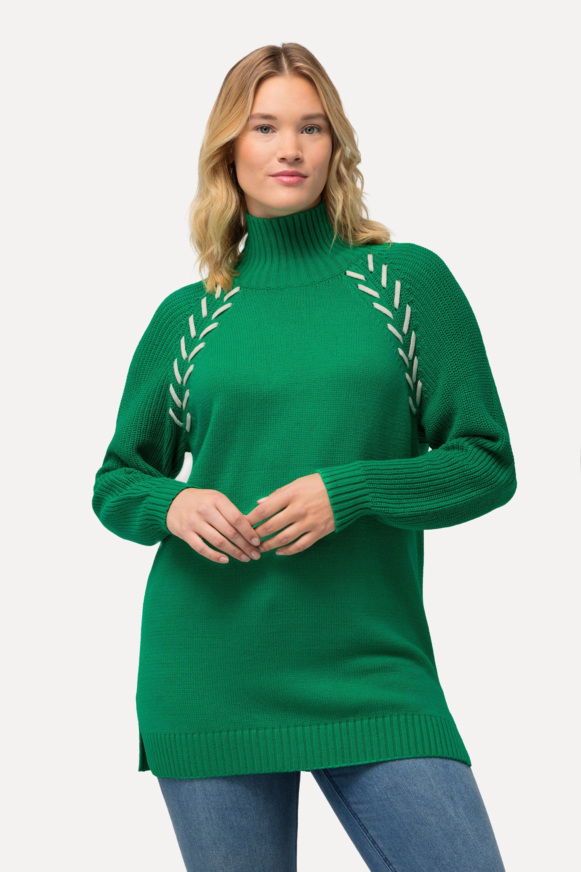 Ulla Popken Strickpullover Pullover Schmuckbänder Stehkragen Langarm smaragdgrün