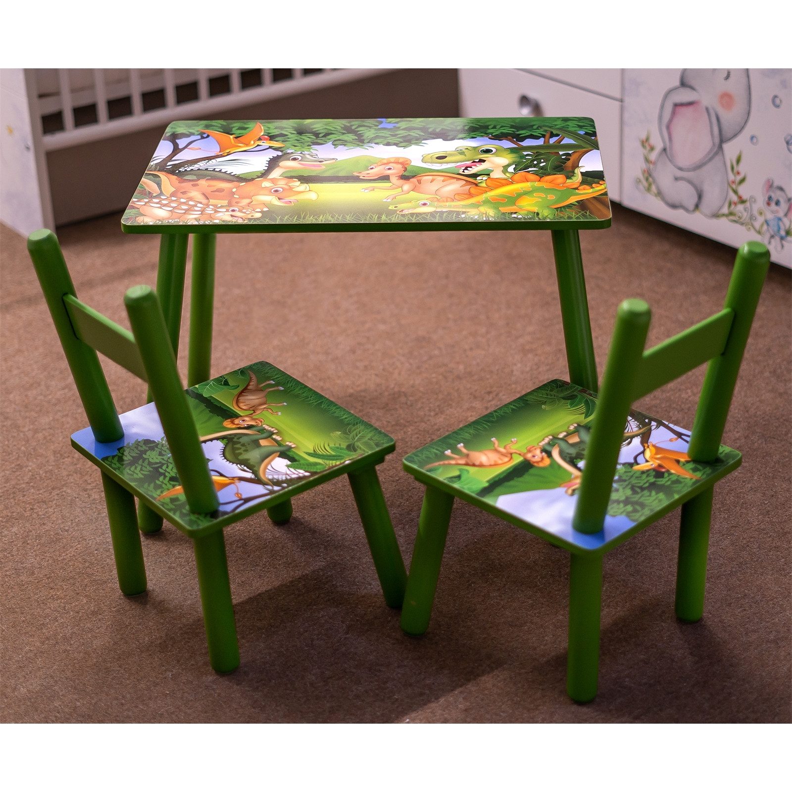 HTI-Line Kindersitzgruppe Kindertischgruppe Dinos, (Set, 3-tlg., 1 Tisch, 2 Stühle), Kindertisch Kinderstuhl Kindermöbel