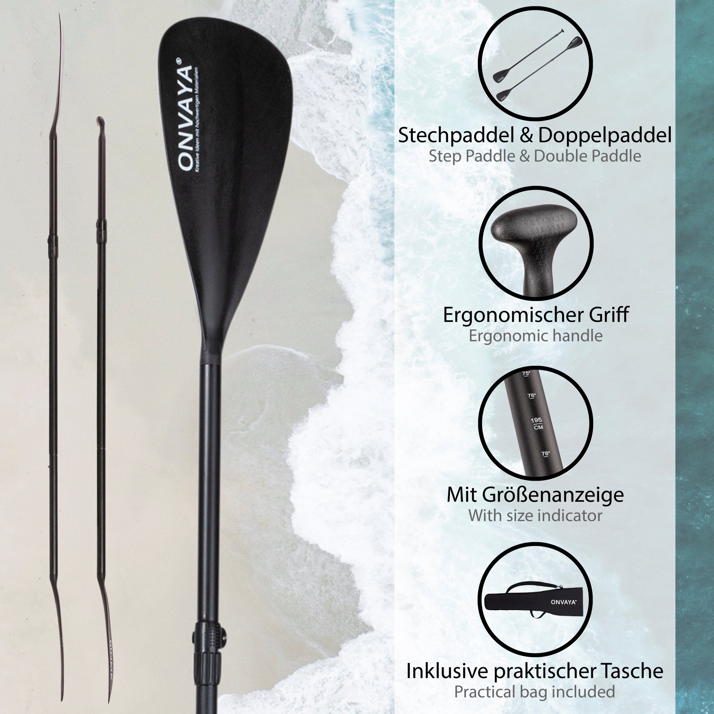 ONVAYA SUP / Kajak Paddel, 2-in-1: Stechpaddel & Doppelpaddel SUP-Paddel