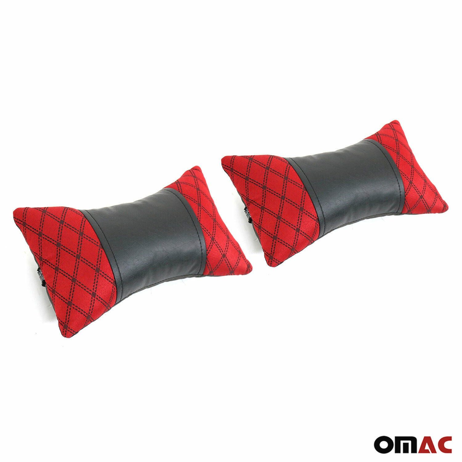 OMAC Autokopfstütze 2 Stück KFZ Auto Autositzkissen Nackenkissen Leder Schwarz Rot 8x30cm