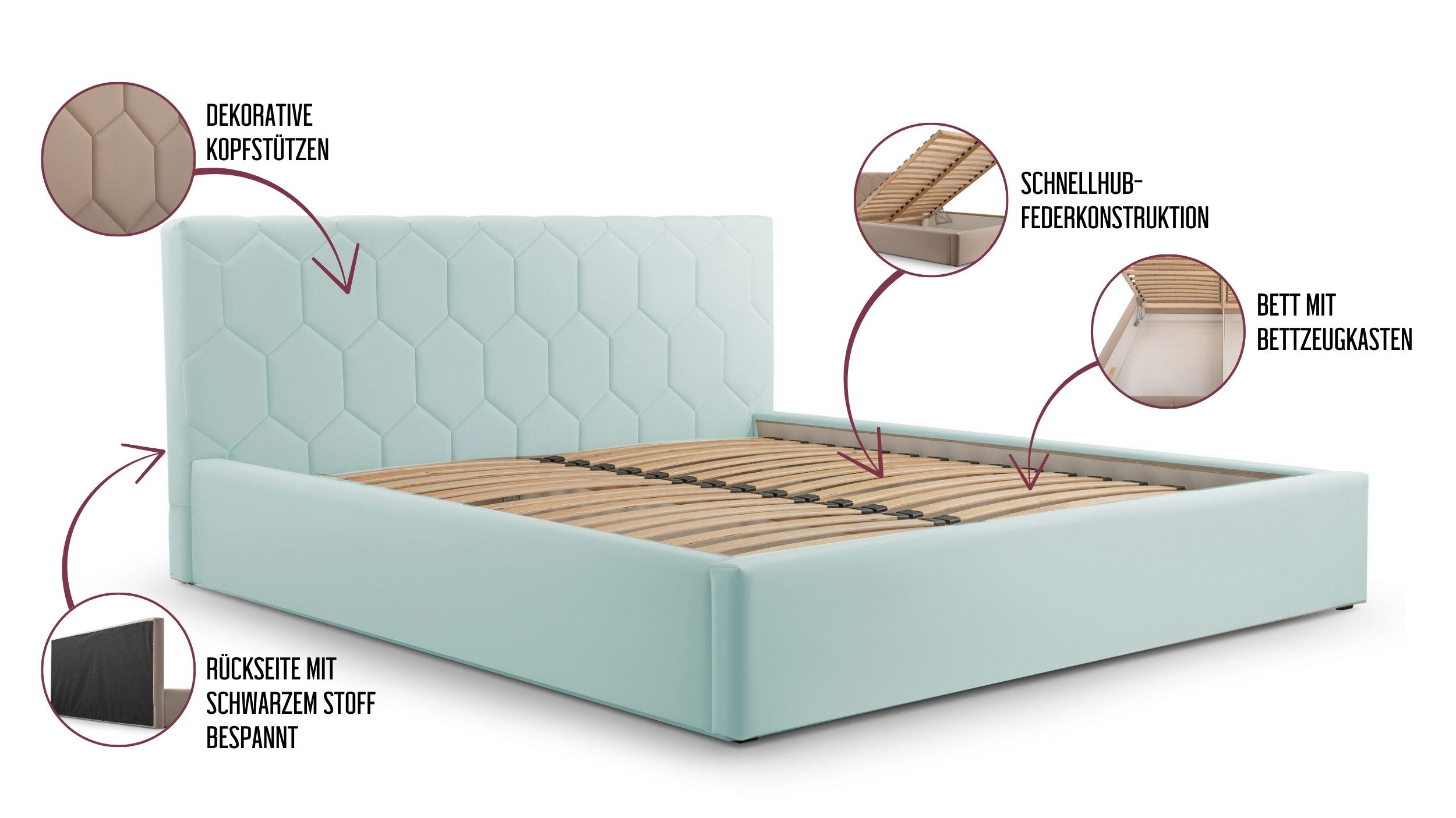 MOEBLO Polsterbett Bett 02 (aus Samt, Doppelbett mit gepolstertem Kopfteil, Bettkasten & Lattenrost, modernes Design mit Stauraum), (BxHxT): 158/178/198 x 95 x 220 cm