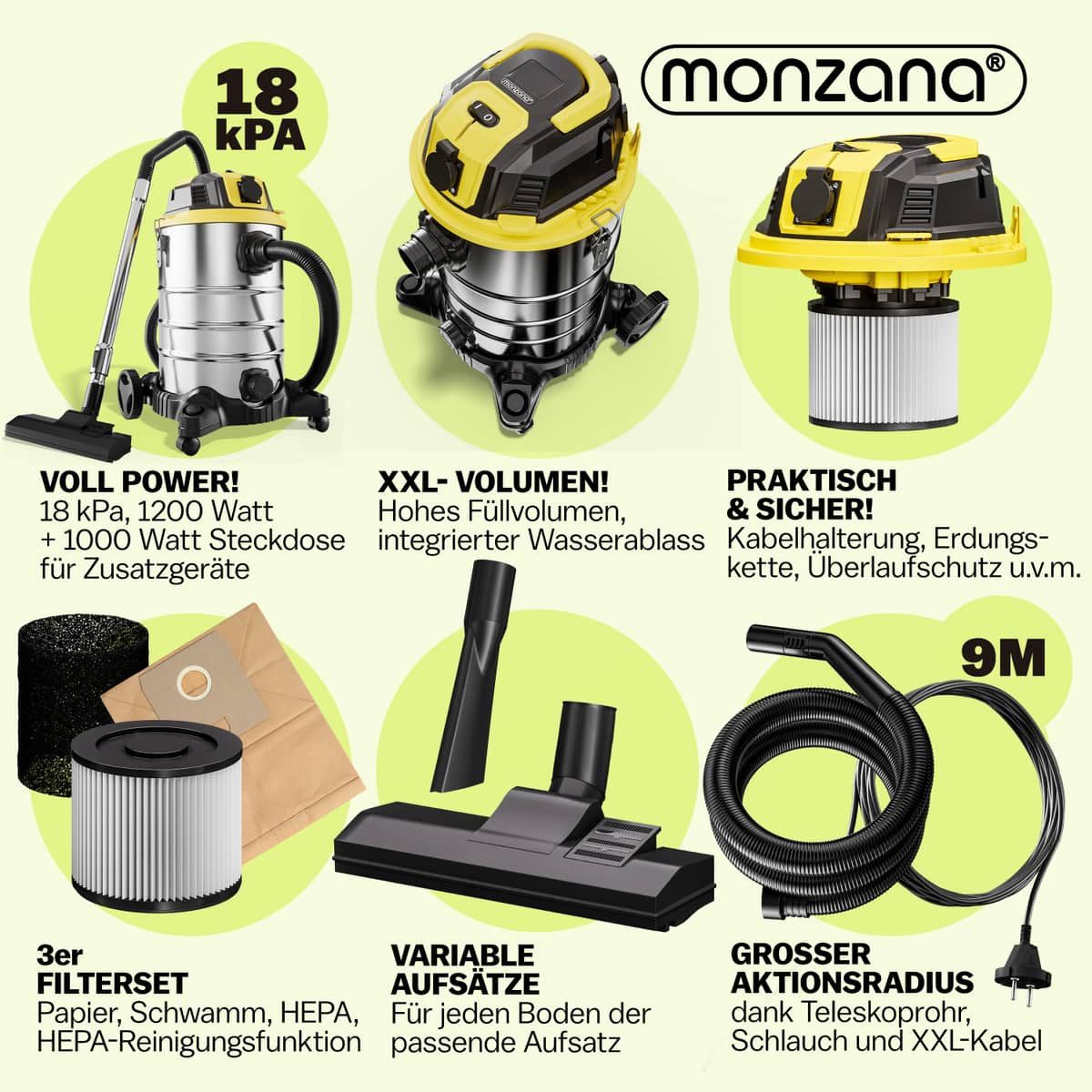 monzana Industriesauger, Nass &- Trockensauger 1200W Blasfunktion 30L Behälter 1000W Steckdose