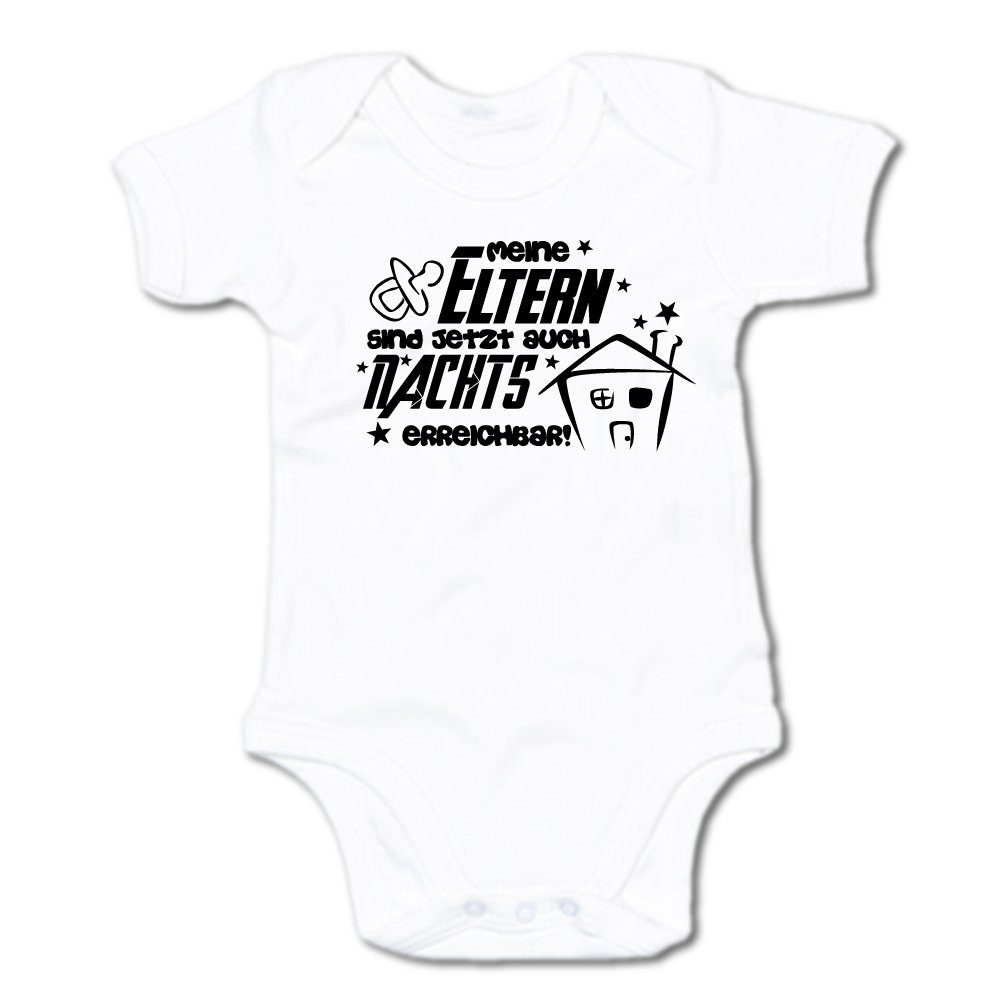G-graphics Kurzarmbody Meine Eltern sind jetzt auch nachts erreichbar! Baby Body mit Spruch / Motiv / Aufdruck • zur Geburt / Babyparty