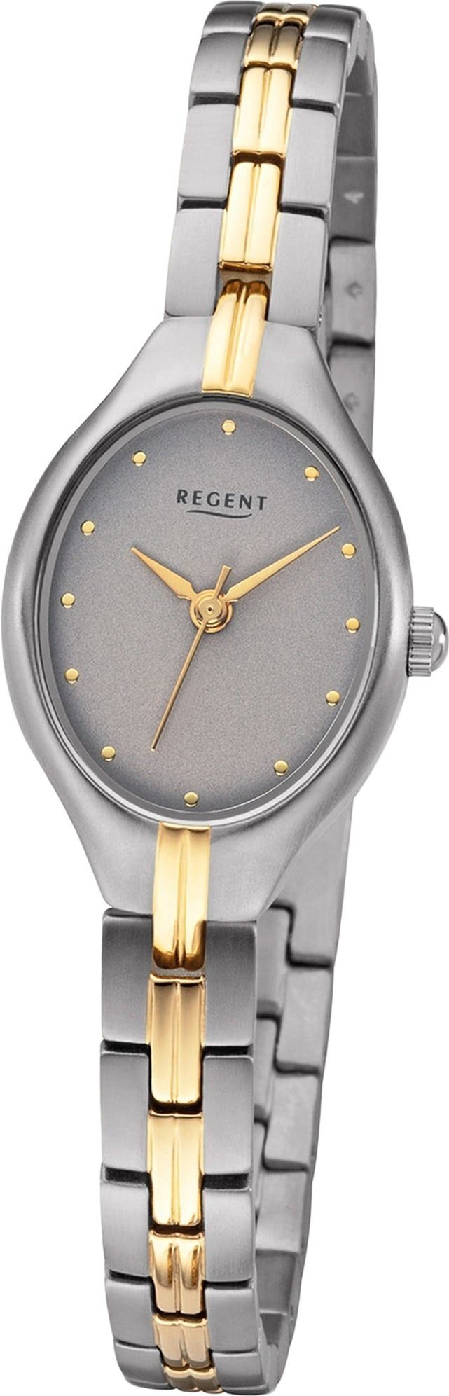 Regent Quarzuhr Regent Metall Damen Uhr F-1164 Analog, Damenuhr Metallarmband grau, gold, ovales Gehäuse, mittel (ca. 35mm)
