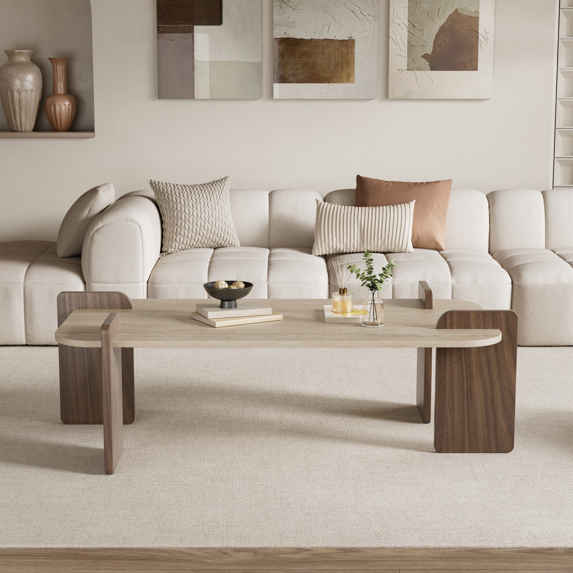 TWSOUL Couchtisch modern 60x120 cm, Design Wohnzimmertisch in Steinoptik & Holzoptik, breite Tischplatte, stabil & pflegeleicht, Braun