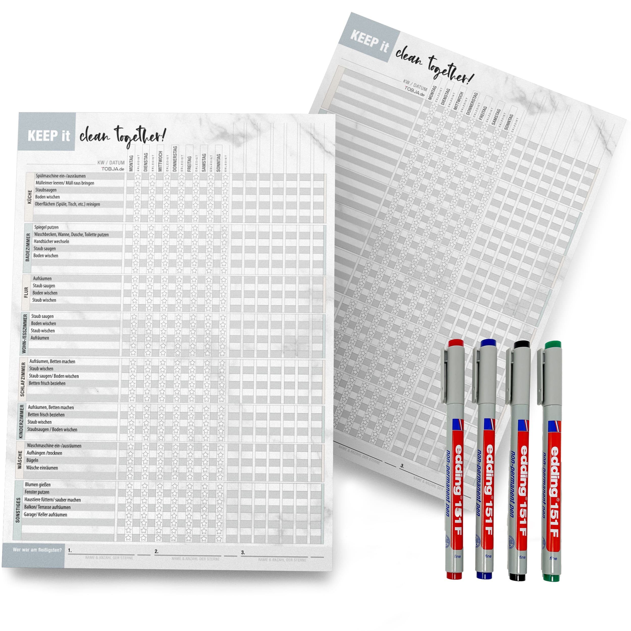 Notizblock Haushaltsplaner A4 "Folie" + 4 Stifte Blatt wiederbeschreibbar