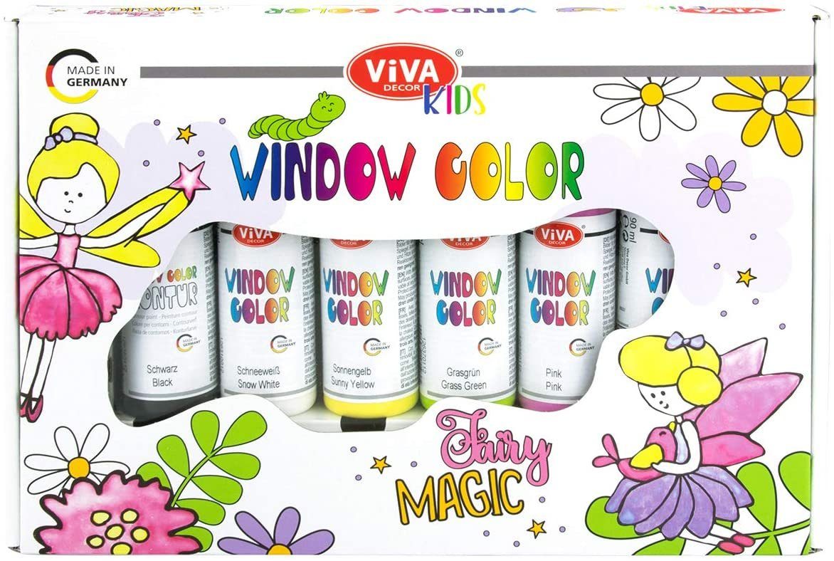 Kreativset Kids Window Color Set - Fairy Magic (Geschenkset mit 6 Fensterfarben à 90 ml und 12 Motivvorlagen)