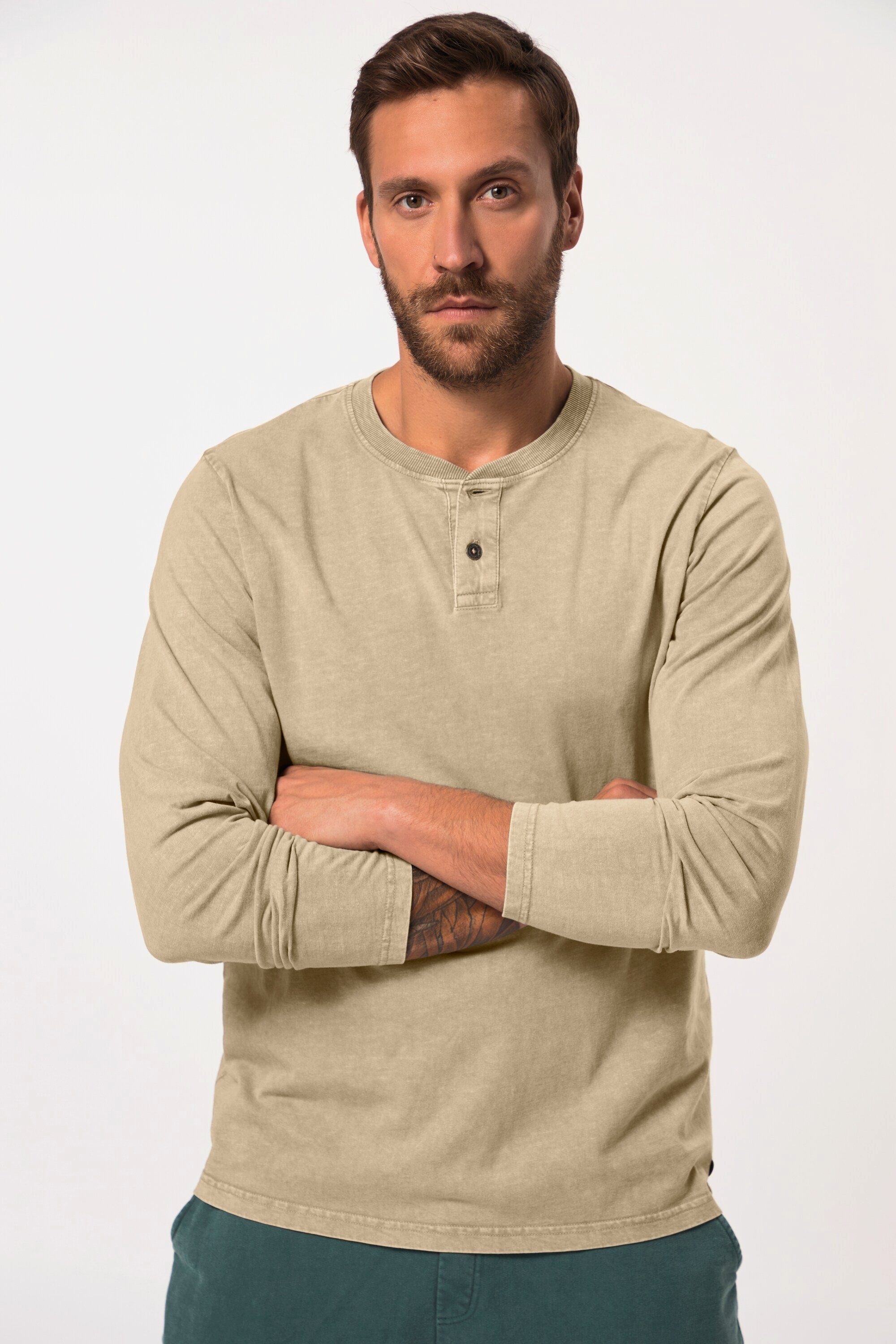 T-Shirt Langarm-Henley Rundhals mit Knopfleiste