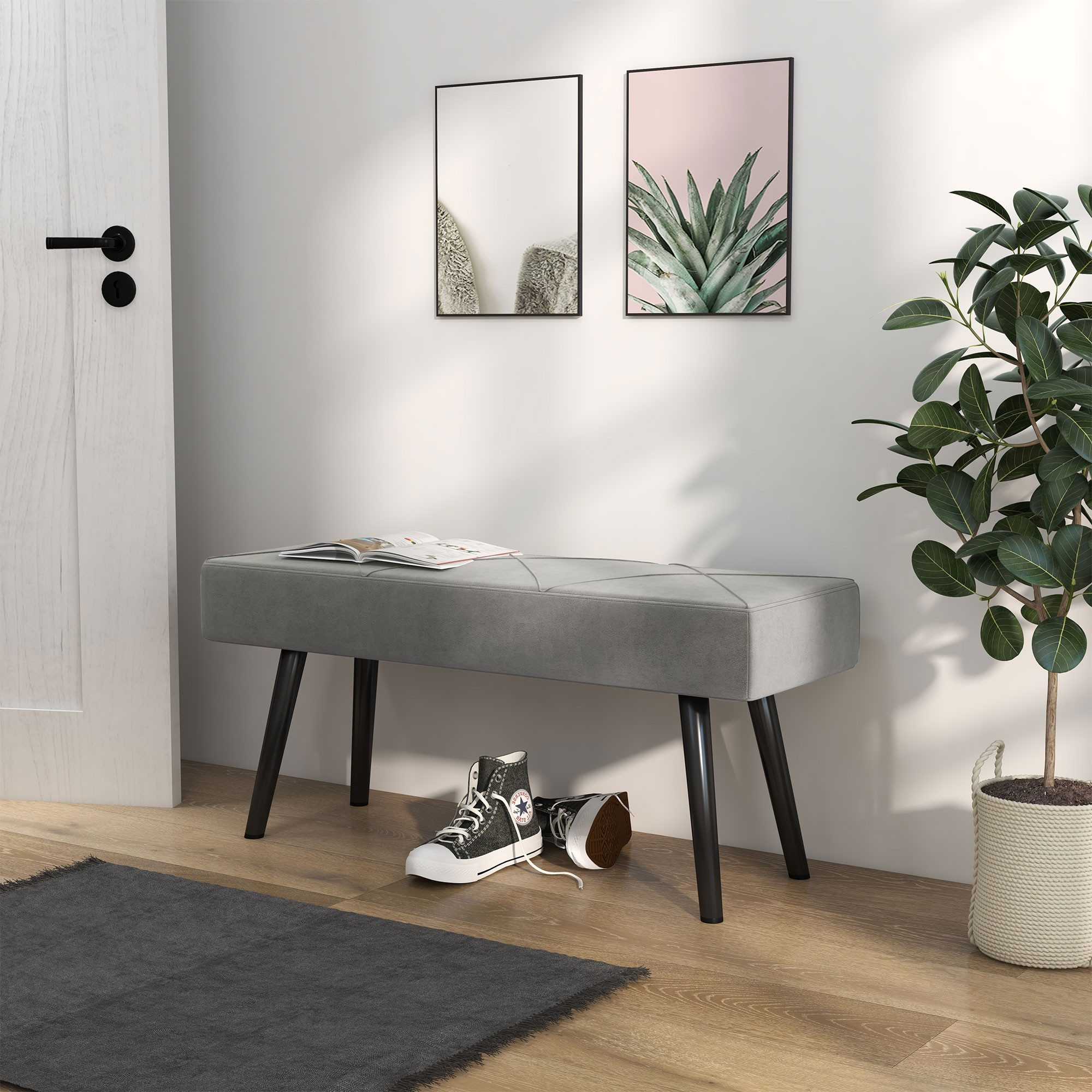 OKWISH Polsterbank 100x36x45cm Samtoptik mit X-Muster, gepolstert (Packung, 1-St., Sitzbank & Bettbank für Schlafzimmer & Flur, in Grau), Belastbar bis 120 kg, stilvolle Aufbewahrung für Schuhe & Textilien