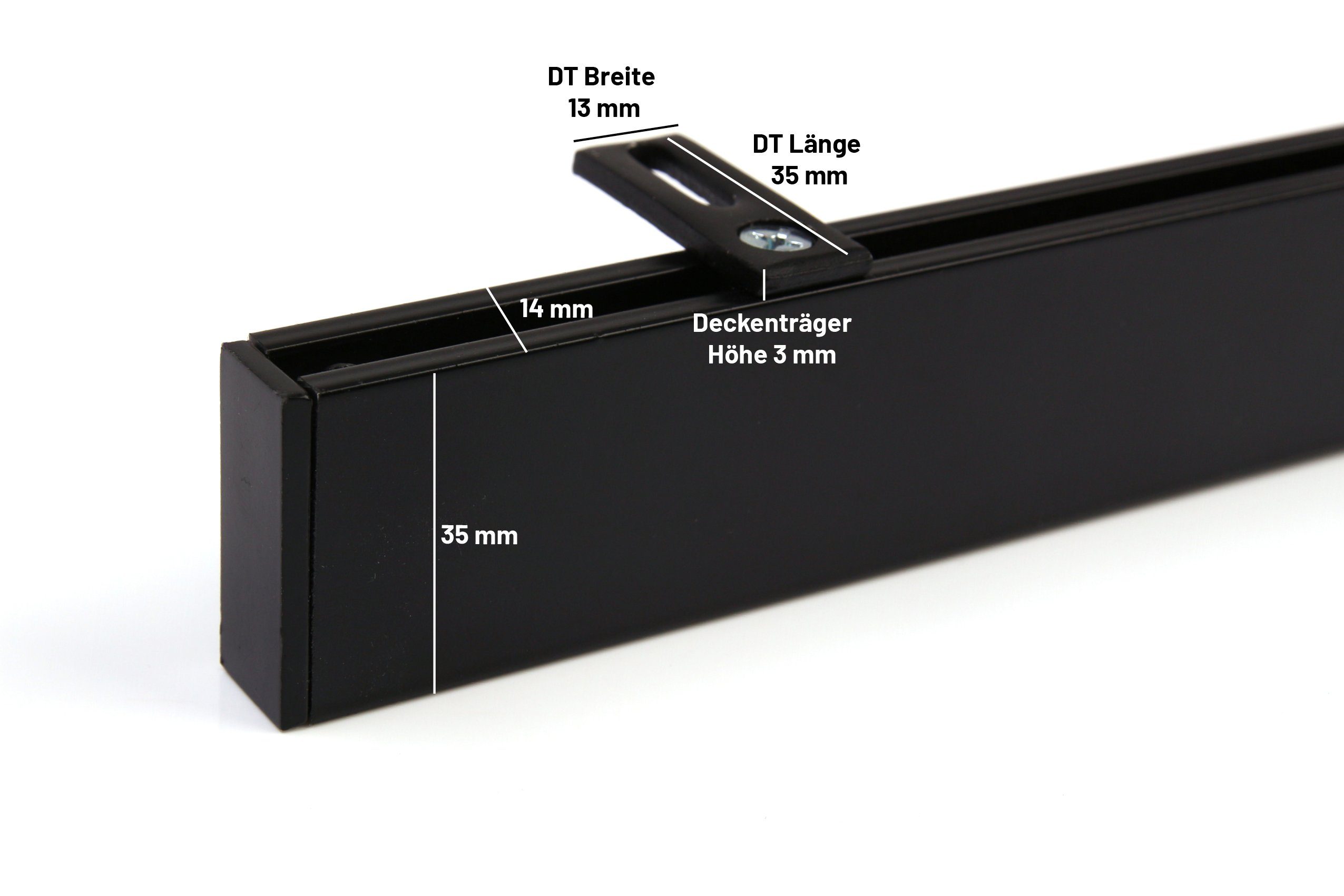 Deco-Raum, Schwarz-Deckenträger Wunschmaßlänge, 1-läufig, kürzbar, Gardinenstange Innenlauf Geschraubt, eckig, Deckenträger, Metall