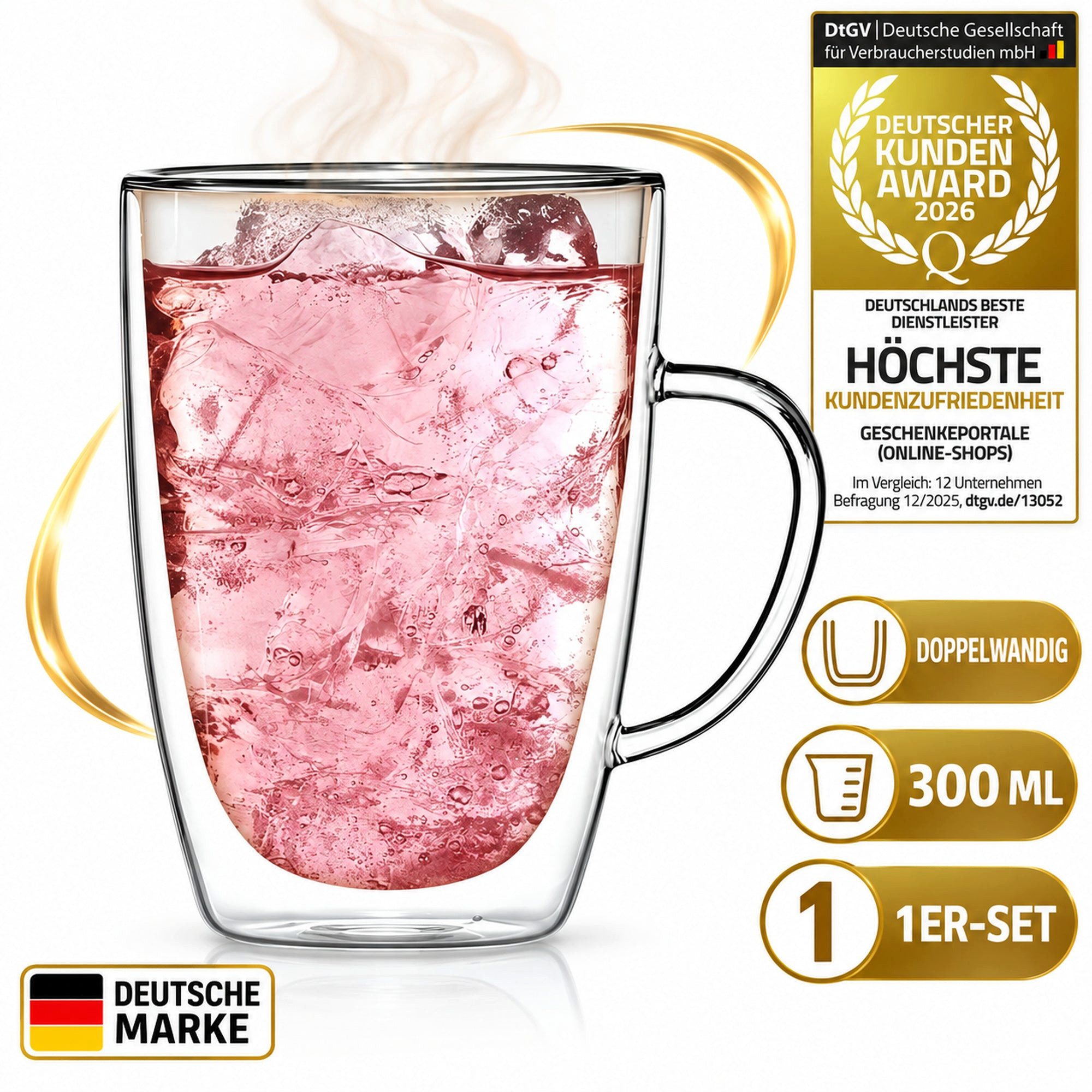 Dimono Tasse Dimono Doppelwandglas 300 ml – Trinkglas mit Griff aus Borosilikatglas, 1-tlg., Borosilikatglas, Wasser- Longdrink- & Cocktailgläser