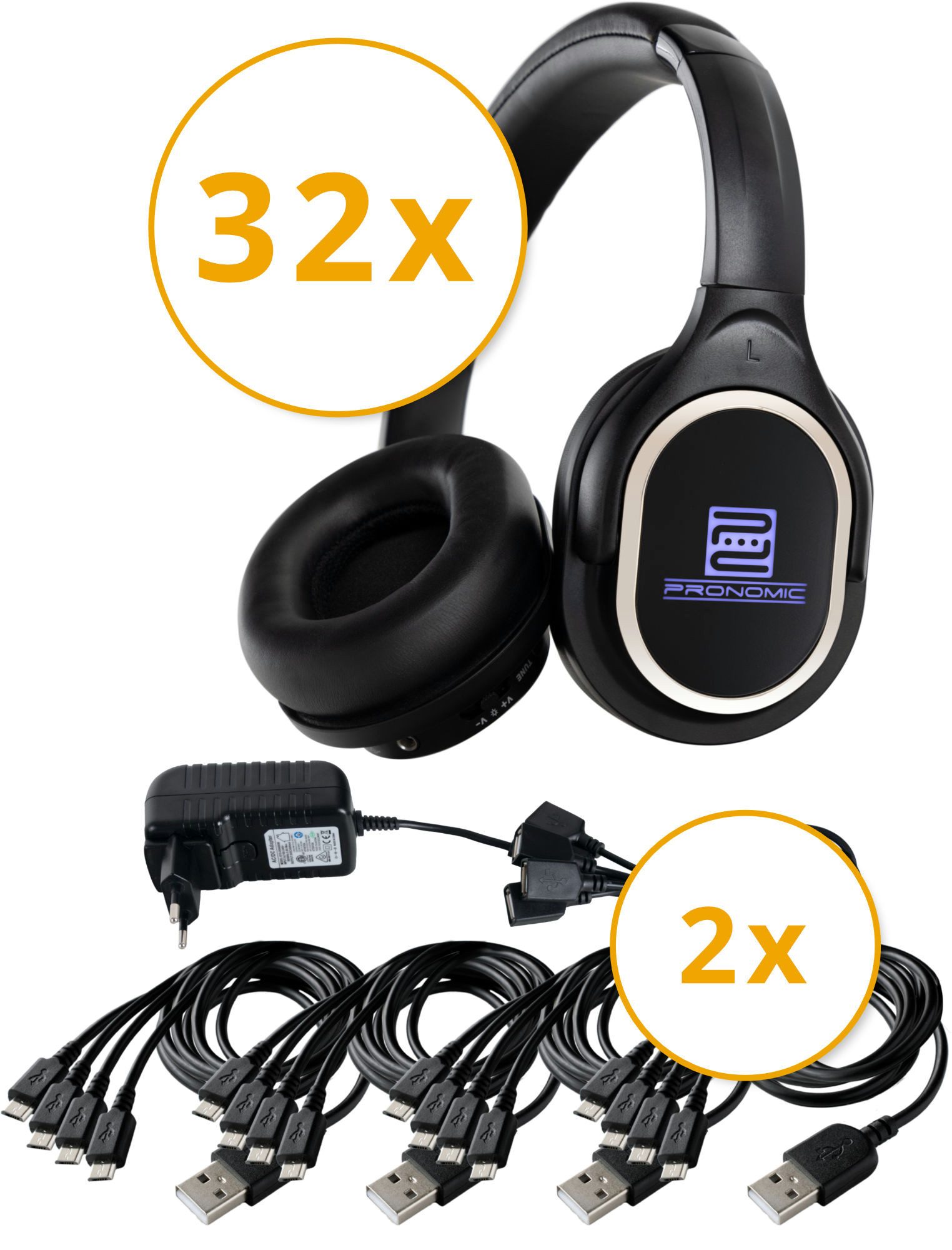 Pronomic SDH-340/32 USB-C Silent Disco V2 Kopfhörer-Set Funk-Kopfhörer (3-Kanal-Empfang, UHF-Technik, 3 Kanäle)