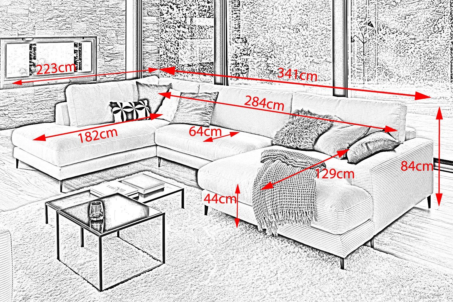 Sofa versch. Longchair od. Wohnlandschaft Farben U-Form CARA, KAWOLA links, Cord, rechts hellgrau