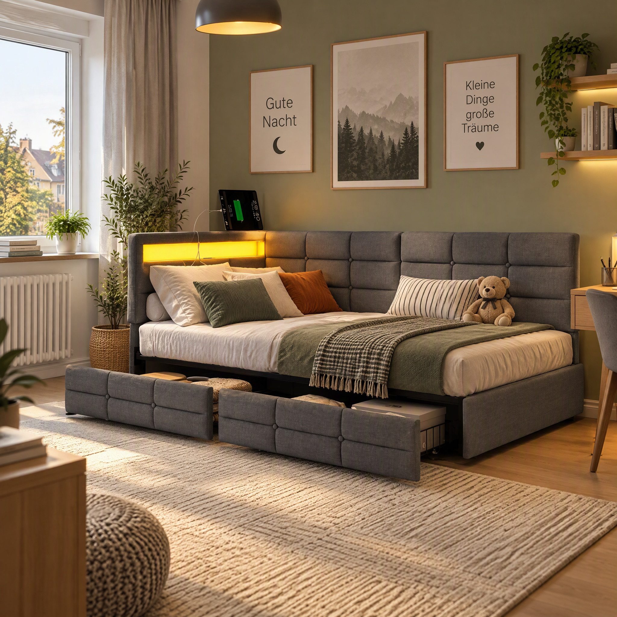 Gdood Polsterbett Doppelbett Daybett Tagesbett LED (Mit Steckdose & USB & TYPE-C, Hydraulisch hebbarer Stauraum, Geeignet für Jungen und Mädchen), Schlafsofa, Mit LED-Beleuchtung, Ladefunktion, Leinen, 90x200 cm