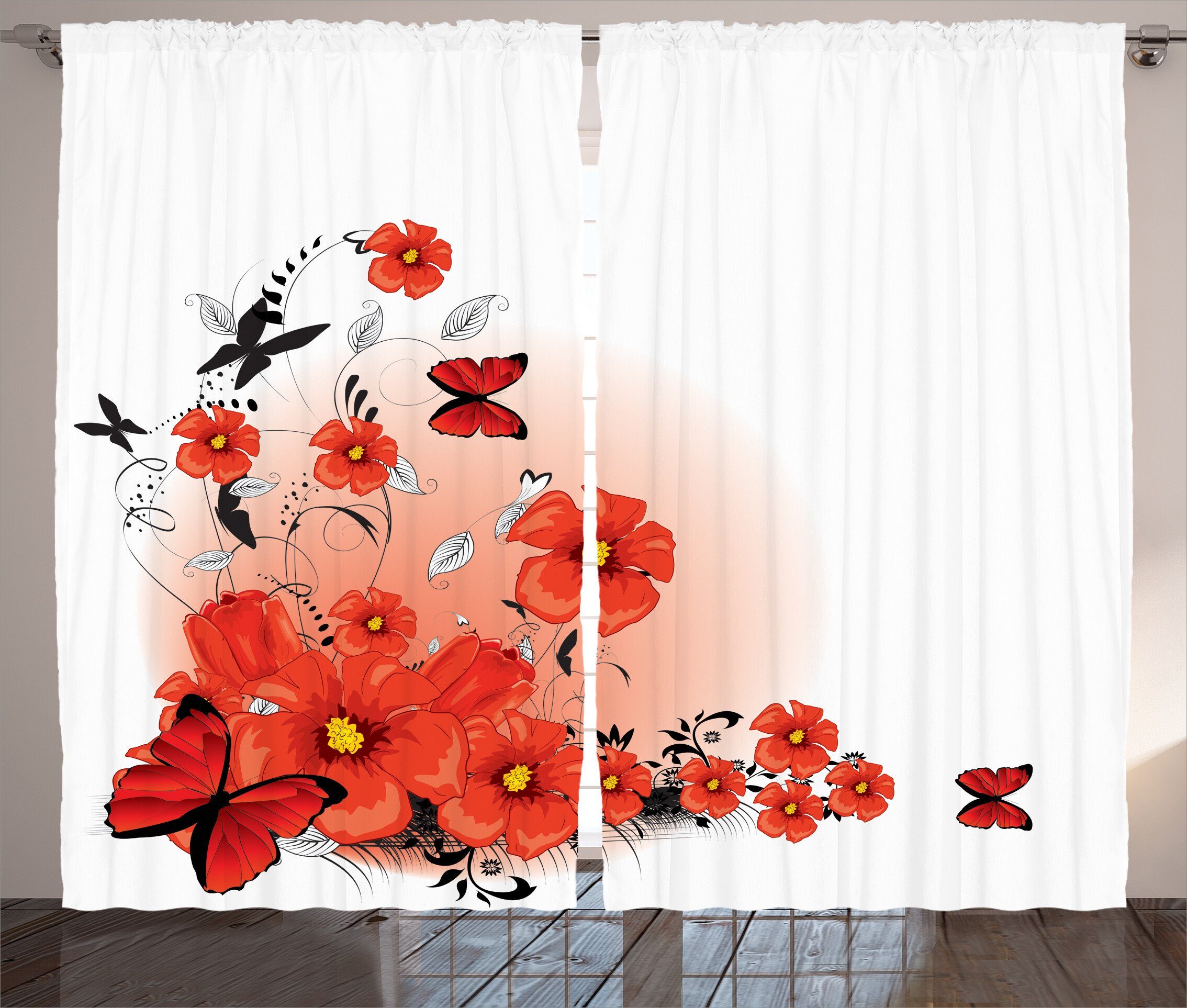 Fresh Haken, Kräuselband Schlafzimmer Abakuhaus, Art Mohn Blume mit Gardine und Schlaufen Cartoon Vorhang