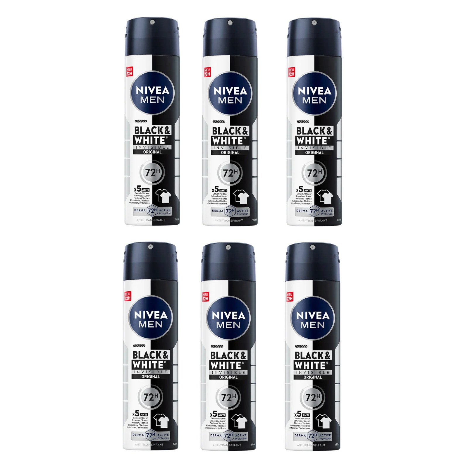 Deo-Spray Deodorant Men Black & White Invisible Original Deo Spray, 6 x150ml