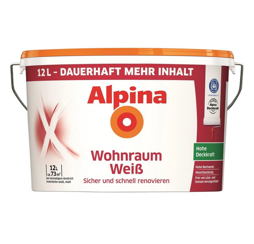 Alpina Wandfarbe Alpina Wohnraum Weiß 12,0 Ltr. Wandfarbe für Innen