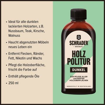 Schrader Holz Politur Dunkel + Baumwolltuch - 250ml - Holzreiniger (zum Auffrischen von lackierten Holzmöbeln - Made in Germany)