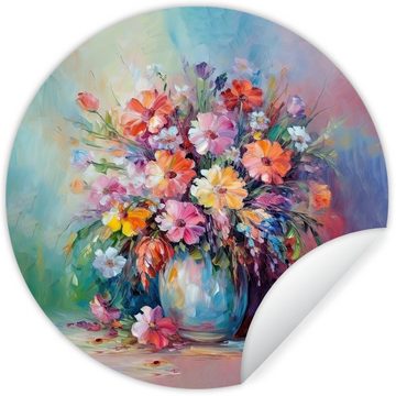 MuchoWow Wandsticker Blumen - Kunst - Malerei - Frühling - Blumenstrauß (1 St), Tapetenkreis für Kinderzimmer, Tapetenaufkleber, Rund, Wohnzimmer