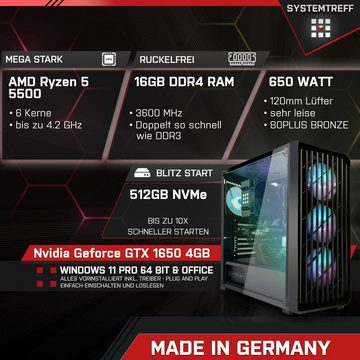 SYSTEMTREFF Basic Gaming-PC-Komplettsystem (24", AMD Ryzen 5 5500, GeForce GTX 1650, 16 GB RAM, 512 GB SSD, Windows 11, WLAN)