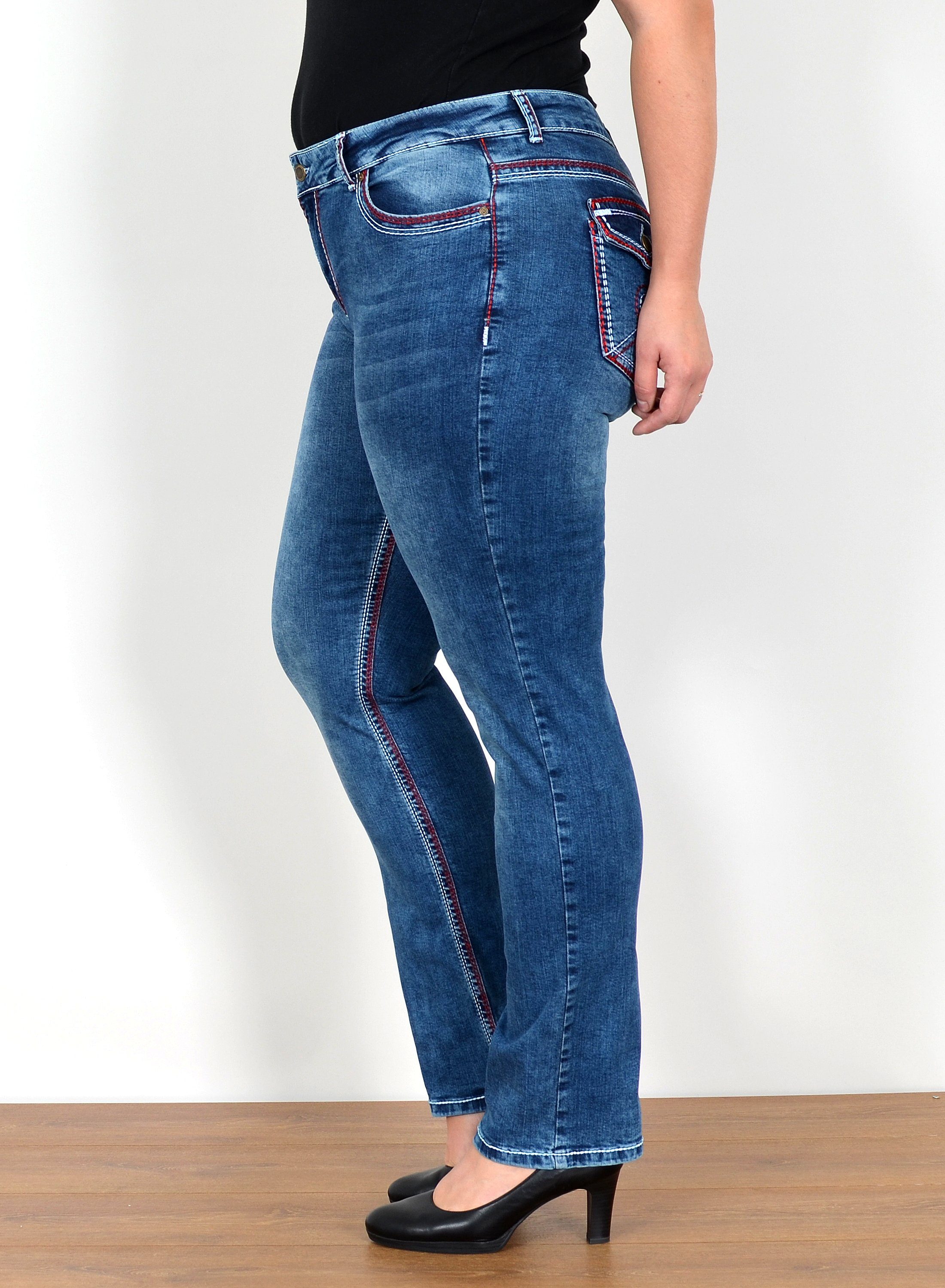 ESRA Straight-Jeans FG12 Straight Fit Jeans Damen High Waist Hose Kontrastnähte bis Plus Size