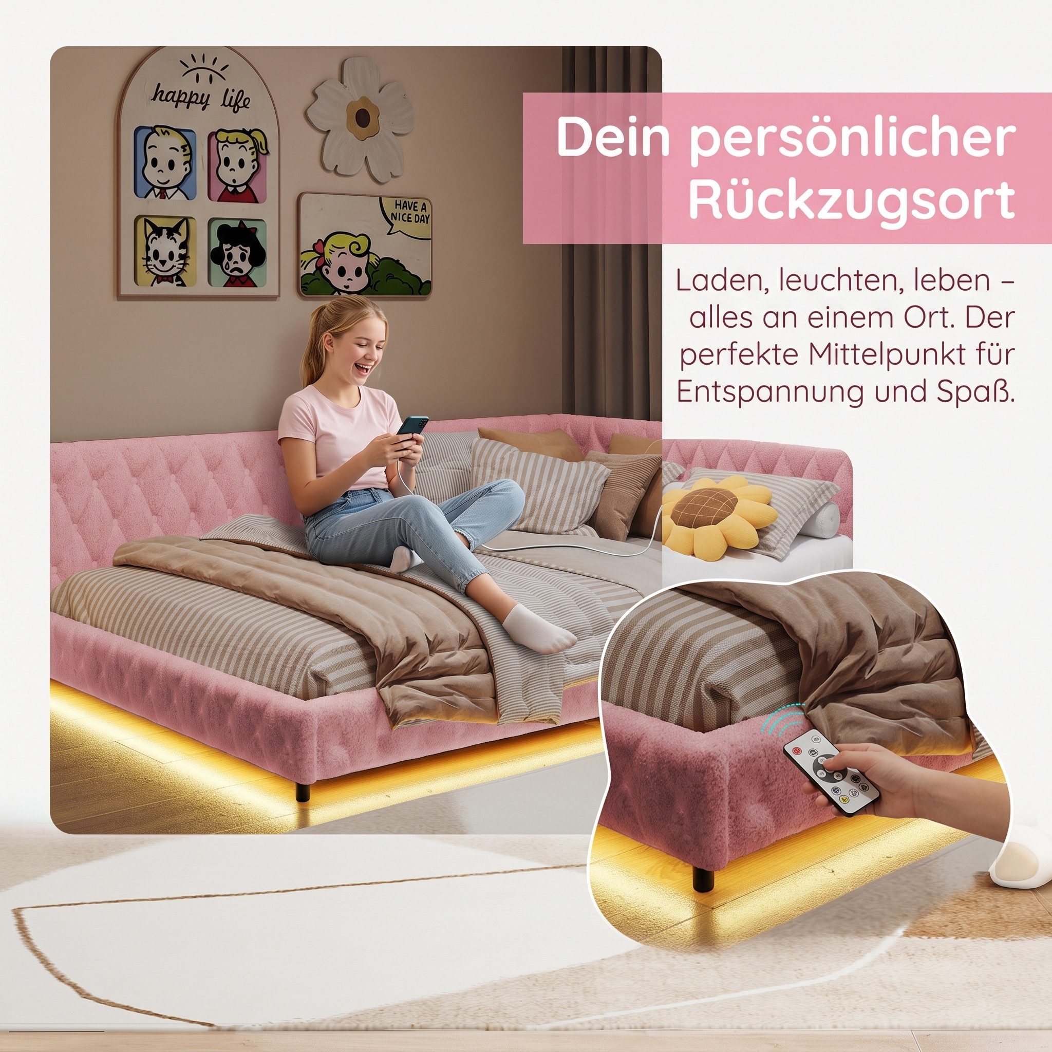 PXloue Polsterbett Daybett Tagesbett, Schlafsofa,Mit LED-Beleuchtung und USB-Ladeanschluss,140x200 cm