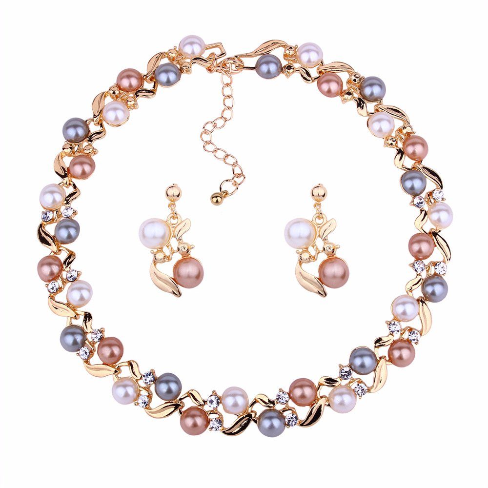 GLAMO Perlenketten-Set Damen Perlenschmuck Set Perlenohrringe Brautschmuck Set Gold | Perlenketten