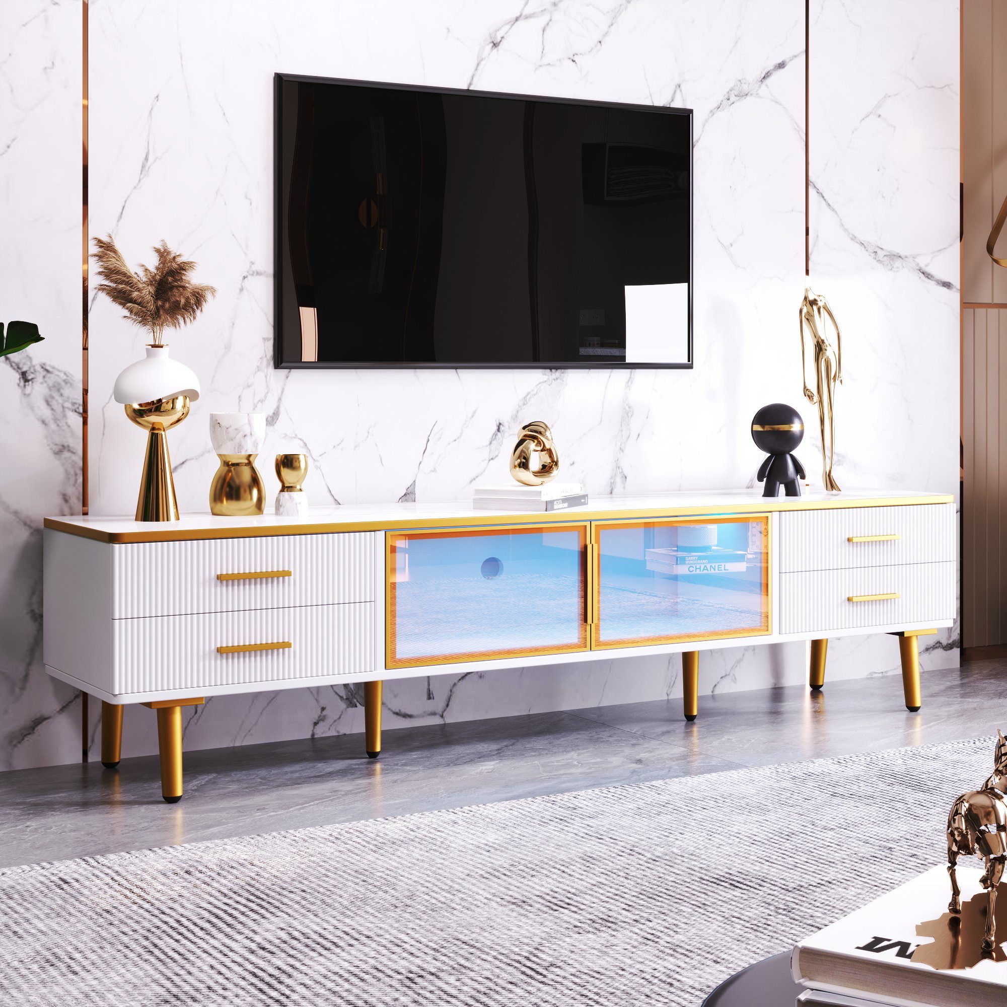 aus Griffen Türen Sideboard Füßen) Gehärtetem modern, (Fernsehschrank 4 mit Glas zwei 4 Beistellschrank TV-Schrank REDOM Schubladen Strukturierte Goldenen mit und TV-Lowboard Braune