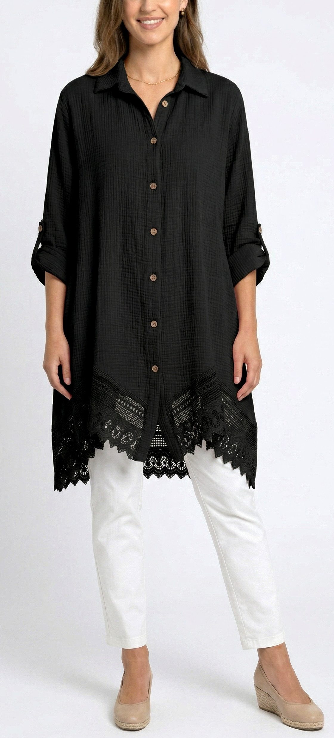 dy_mode Longbluse Damen Oversized Longbluse Musselin Tunika HemdbluseBlusenkleid in Unifarbe, dekorativem Häkel-Saum, Oversize-Passform