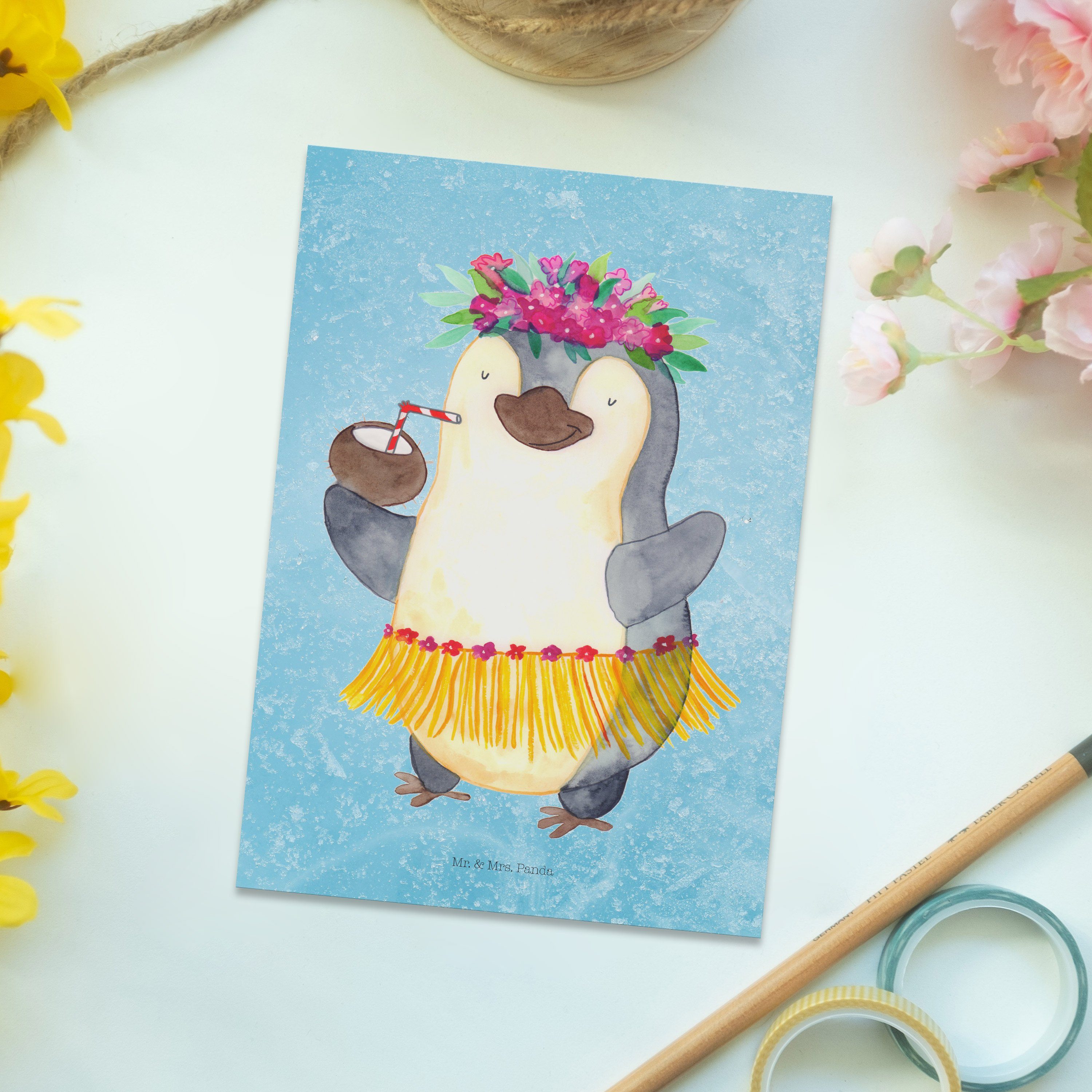 Geburtstagskarte, Eisblau - Urlaub, Ein Mr. & Geschenk, Mrs. Pinguin Panda Kokosnuss Postkarte -
