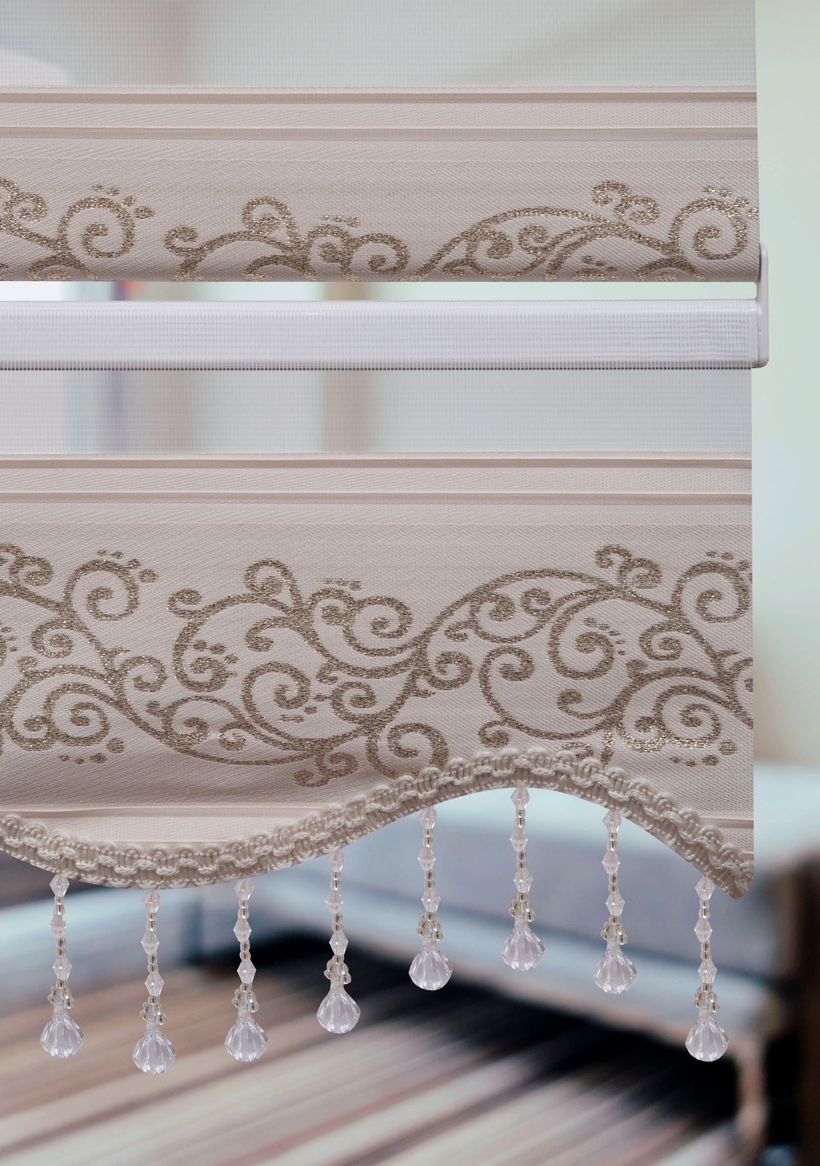 Doppelrollo Doppelrollo Klemmfix ohne Bohren Gold Rankenmuster mit Perlen, Plisseeonline, blickdicht, Ohne Bohren, Montage auf dem Fensterrahmen, Klemmfix