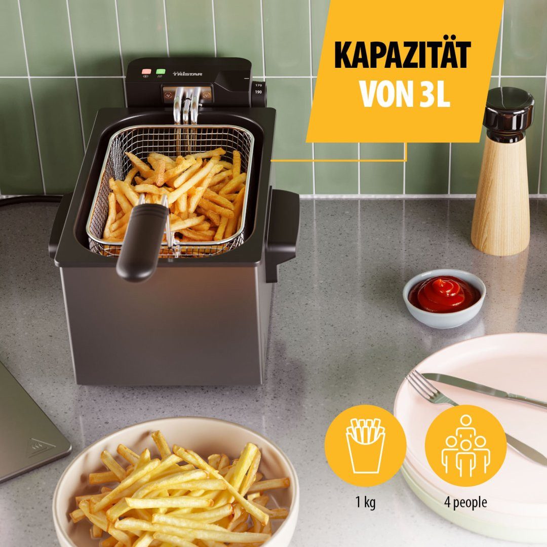 Tristar Fritteuse FR-9334, 2000 W, Edelstahl-Gehäuse, 3L, 190°C, Kaltzone, Cool-Touch-Gehäuse